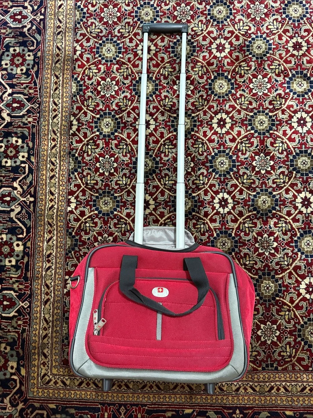 Swiss alps Red Travel Suitcase with Front Pocket and Black Handles